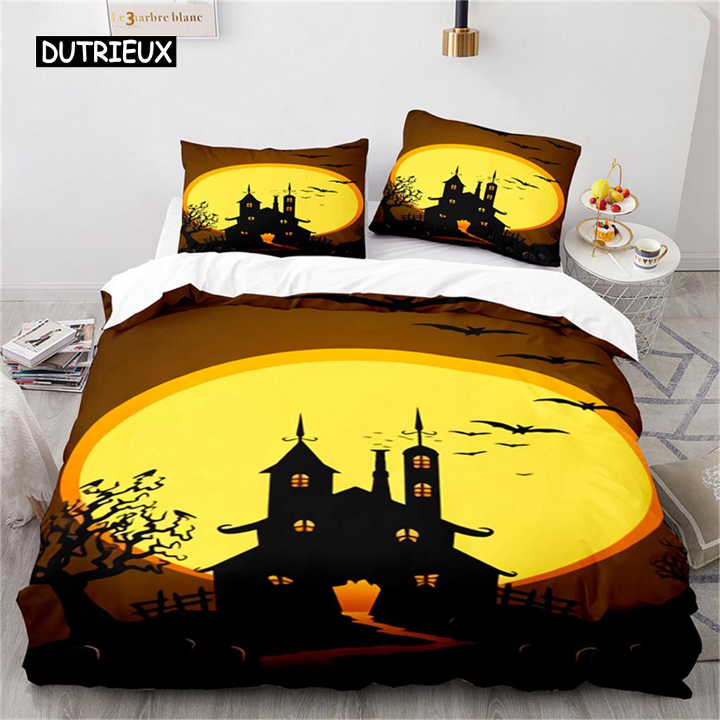 Duvet Cover Halloween Bedding Set Pumpkin Polyester Cartoon Horror Festival Bat Comforter Cover Twin for Kid Adult Gift Bedroom