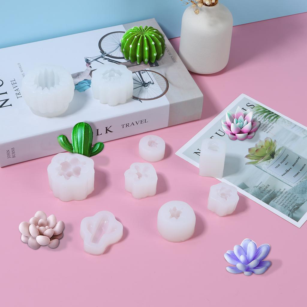 9Pcs Succulent Silicone Mold 3D Succulent Cactus Candle Molds Safe Cactus Flower Resin Mold for Scented Candles Soaps Making