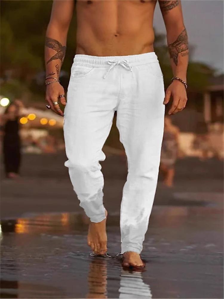 Men's Solid Color Drawstring Cotton Linen Casual Beach Pants - 2025 European Style