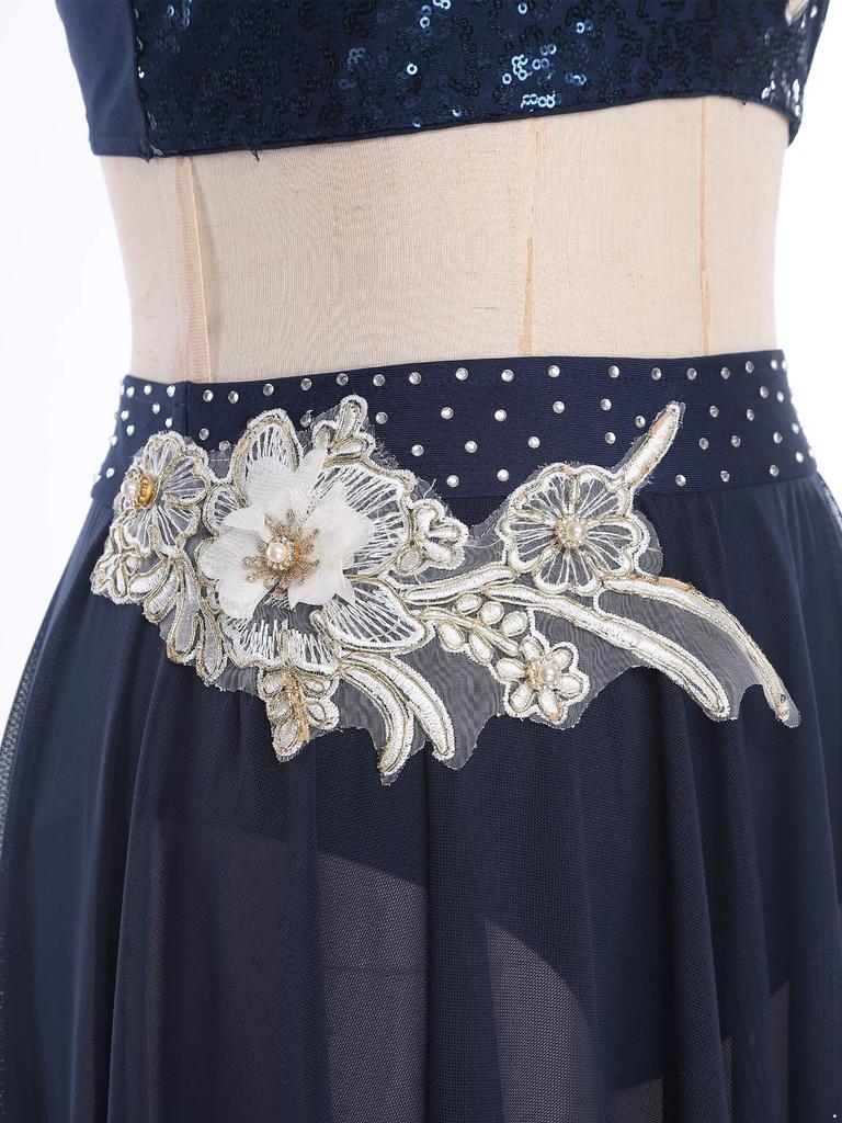 Womens Lyrical Dance Outfits Sleeveless Hollow Out Crop Top Irregular Mesh Hem Briefs Skirt Applique Dancewear Set