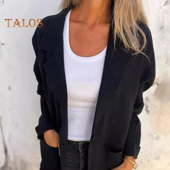 Damen Herbst Winterjacke Reverskragen Lockerer Freizeitmantel mit Tasche Einreihiges Einfarbiges Langarmoberteil