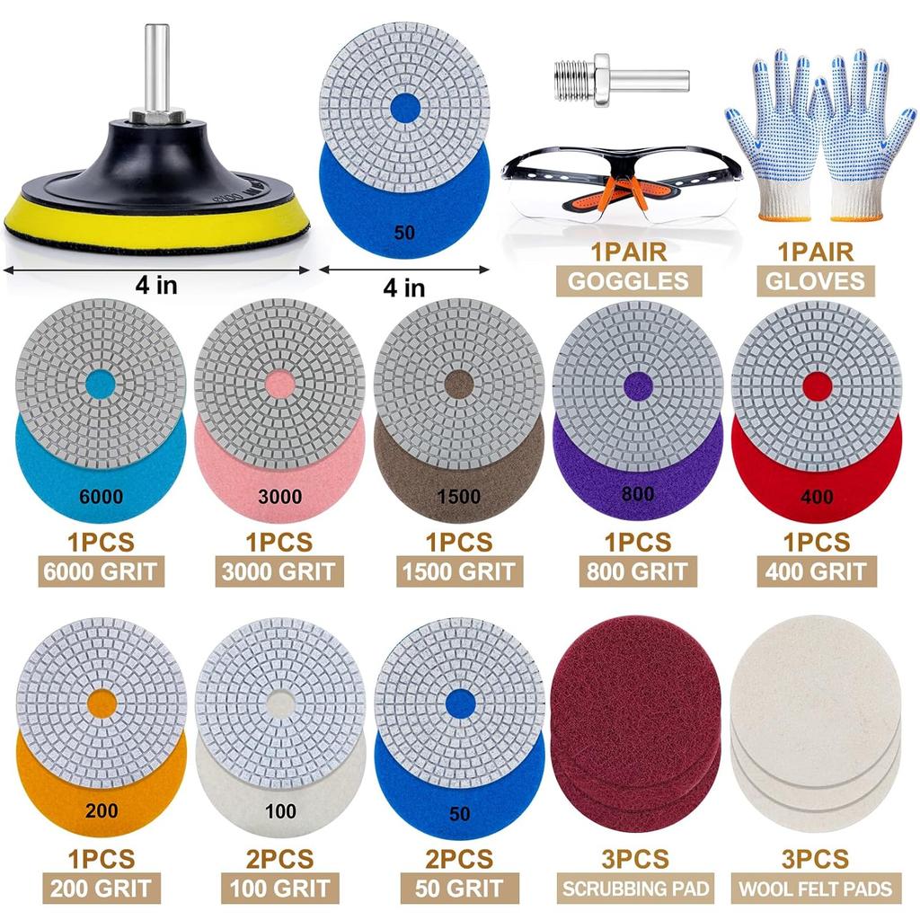 20 Pack 4 Inch Diamond Polishing Pads, Granite Polishing Pads Kit With 5/8''-11 Backer Pad, 50-6000 Grit Wet/Dry Polishing Pads For Marble, Concrete,