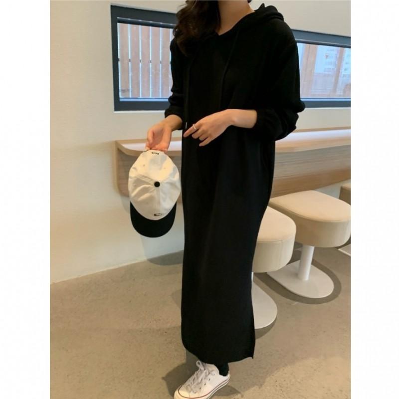 Korean Style Hooded Longline Loose Knit Dress With Side Slits Pockets Plus Size Comfort Fit Women Black