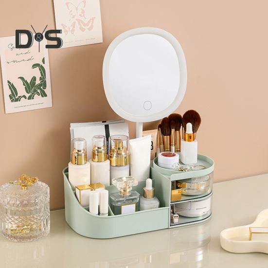 Boîte de rangement de maquillage avec miroir LED, grande capacité, compartiments multiples, boîte de rangement pour pinceaux de maquillage, organisateur de comptoir