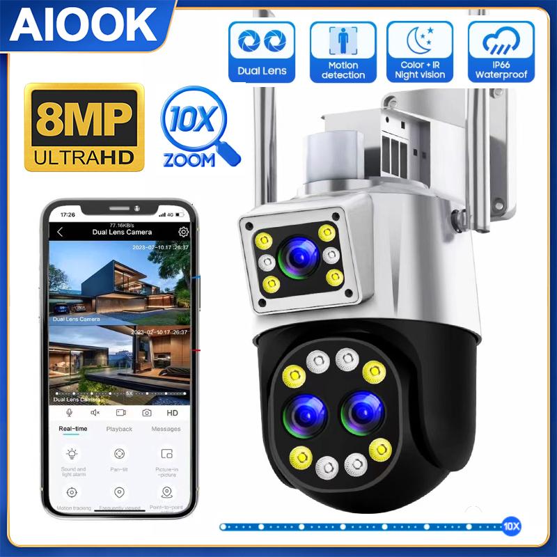 

AIOOK наружная Wi-Fi камера безопасности HD 8MP двойной объектив 10-кратный зум IP CCTV полноцветная камера ночного видения IP66 водонепроницаемая PIR мобильная камера мониторинга