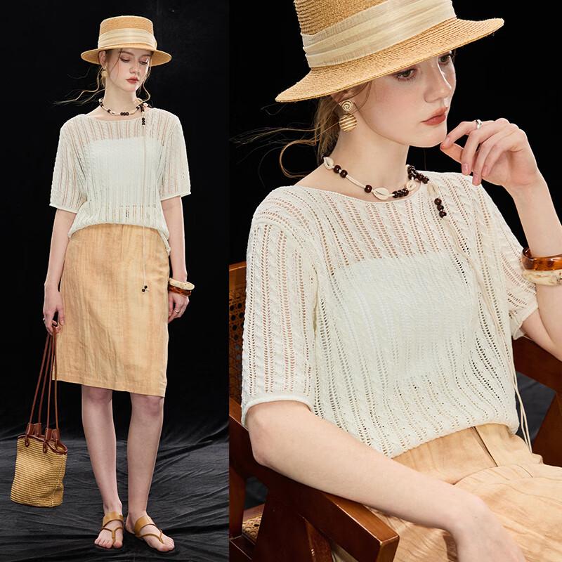 Women s Tencel Linen Blend Hollow Striped Knit T-shirt M