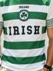 Men's T-shirt, White and Green Wide Horizontal Stripes with a Clover Badge and "IRELAND" Text Print, Crew Neck Top, Suitable for Football and Street
