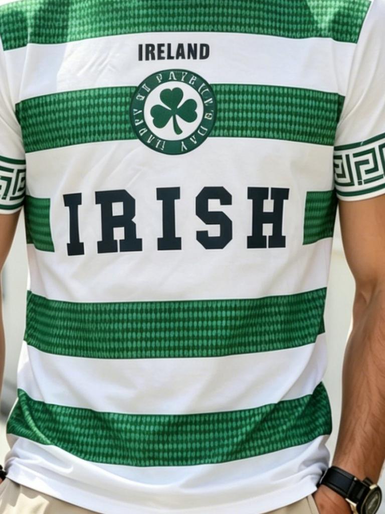 Men's T-shirt, White and Green Wide Horizontal Stripes with a Clover Badge and "IRELAND" Text Print, Crew Neck Top, Suitable for Football and Street