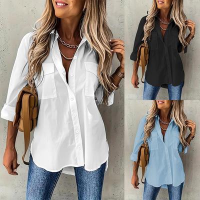 Summer Button Front Long Sleeve Shirt Casual Solid Office Shirt With Collar Loose Shirt White Tops Office Lady Blouses