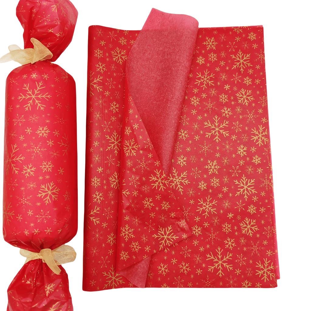 60 Sheets Elegant Red & Golden Snowflake Gift Wrapping Paper - Thin & Sturdy Winter Theme with Rounded Corners, Durable Tissue