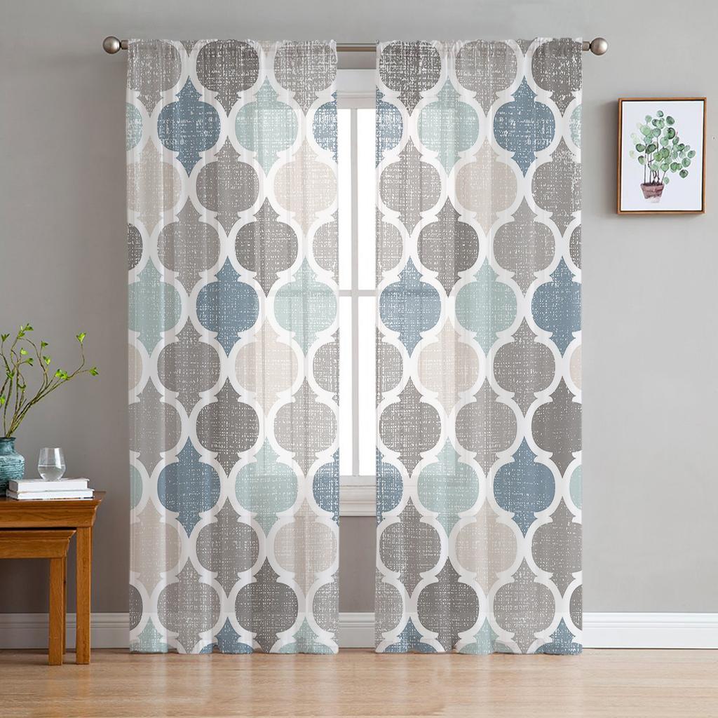 Turquoise Grey Geometric Moroccan Retro Tulle Curtain Voile Transparent for Bedroom Living Room Kitchen Sheer Window Curtains