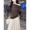 Kumikumi Gentle Temperament Sloping Shoulder Long Sleeve Knit Women Clothes Autumn Slimming All-Match Solid off-Shoulder Top