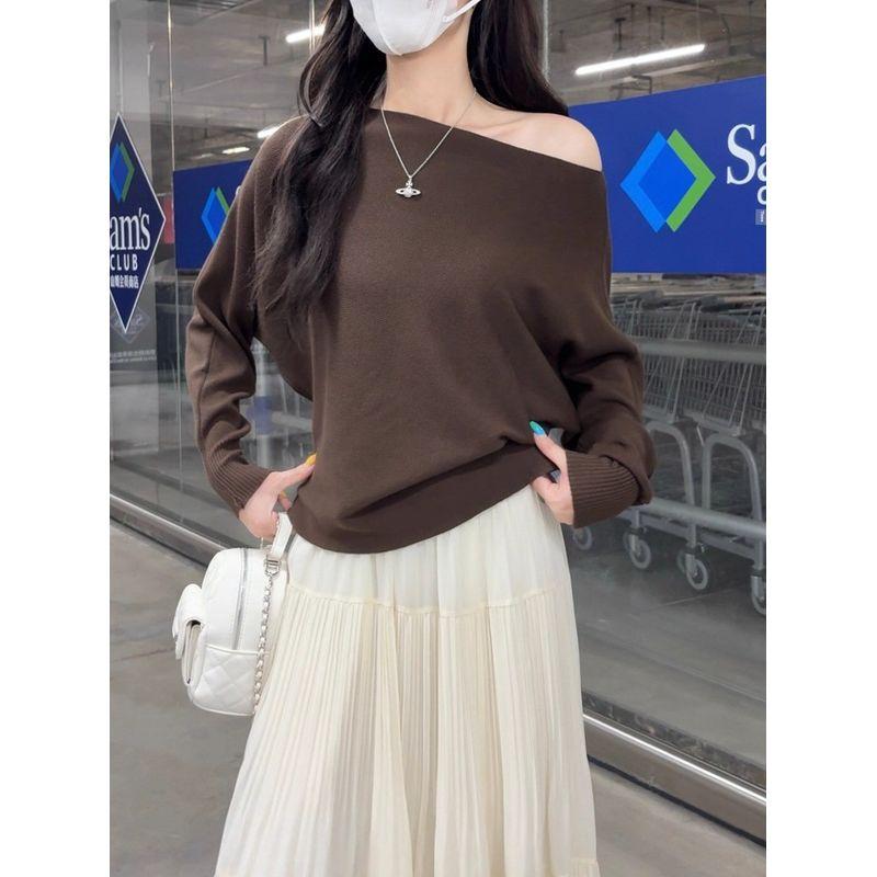 Kumikumi Gentle Temperament Sloping Shoulder Long Sleeve Knit Women Clothes Autumn Slimming All-Match Solid off-Shoulder Top