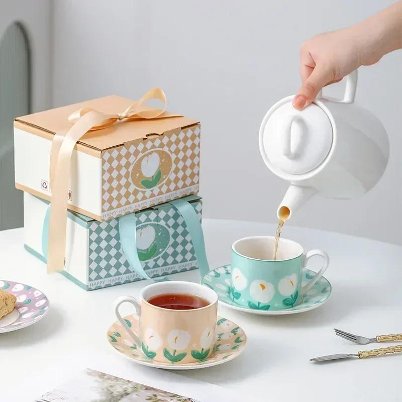 Premium Leisure Style Coffee Mug and Saucer Tulip Pattern French Afternoon Tea Dessert Cup and Dessert Plate Breakfast Milk Gifts Cup