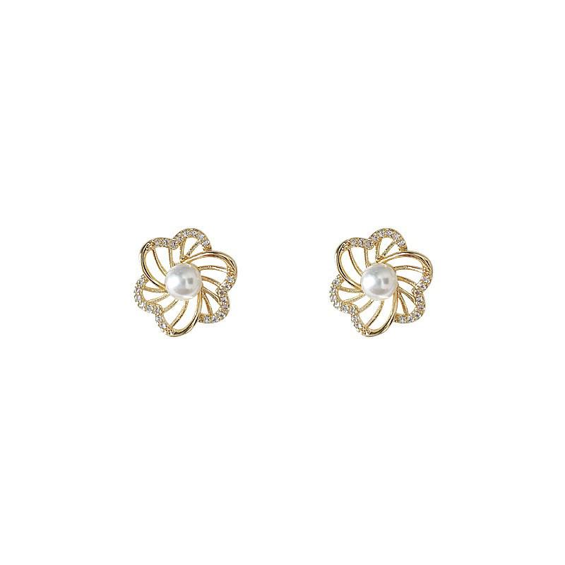 Copper-Plated Zircon & Pearl Flower Stud Earrings - French Luxury, High-End Niche Style
