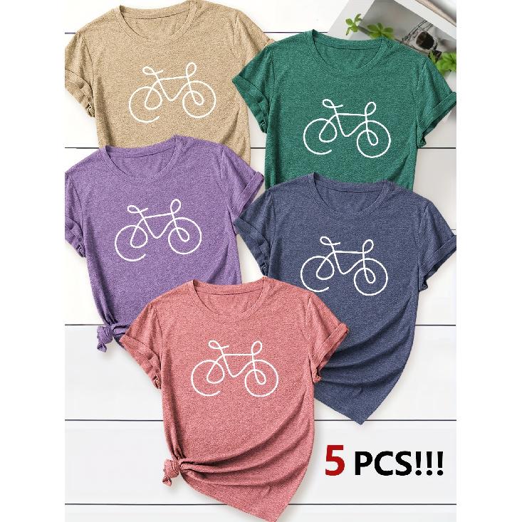 Women's Short-sleeved Round-neck T-shirt with Line Lettering, Bicycle Line Design, English Lettering, Casual Style, Cute Summer wear5Packaged