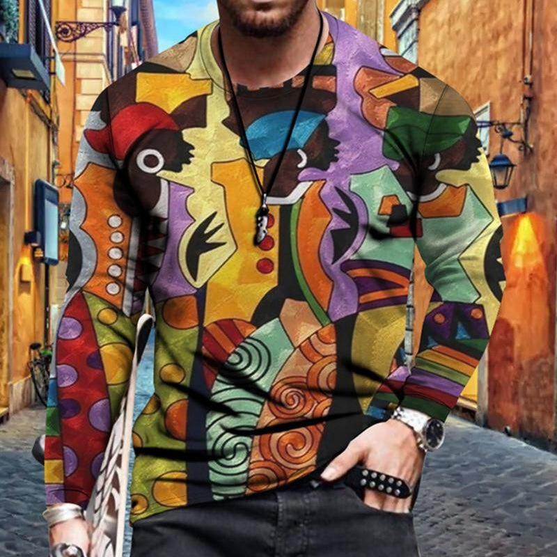 3D Printed Colorful Personality T Shirt For Men African Ethnic Pattern Tees Autumn Casual O-Neck Tops Loose Long Sleeve T-Shirts
