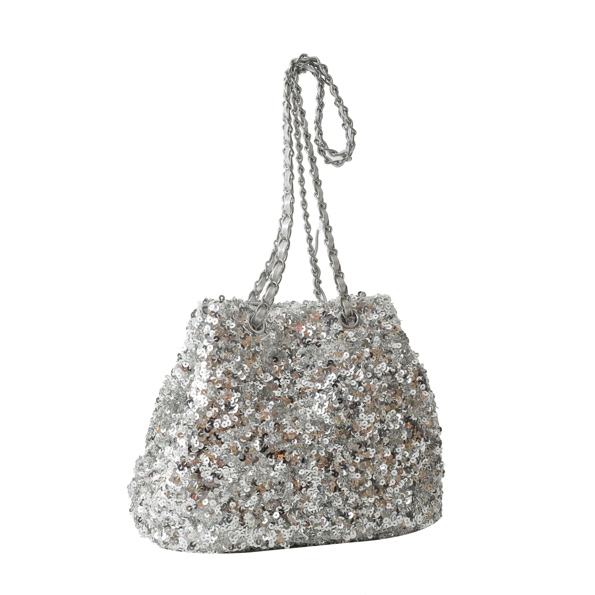

Премиум Sense Изысканная сумка-ведро с пайетками Женская сумка-мессенджер в иностранном стиле с цепочкой Универсальная сумка через плечо 25*15*22 серебряный