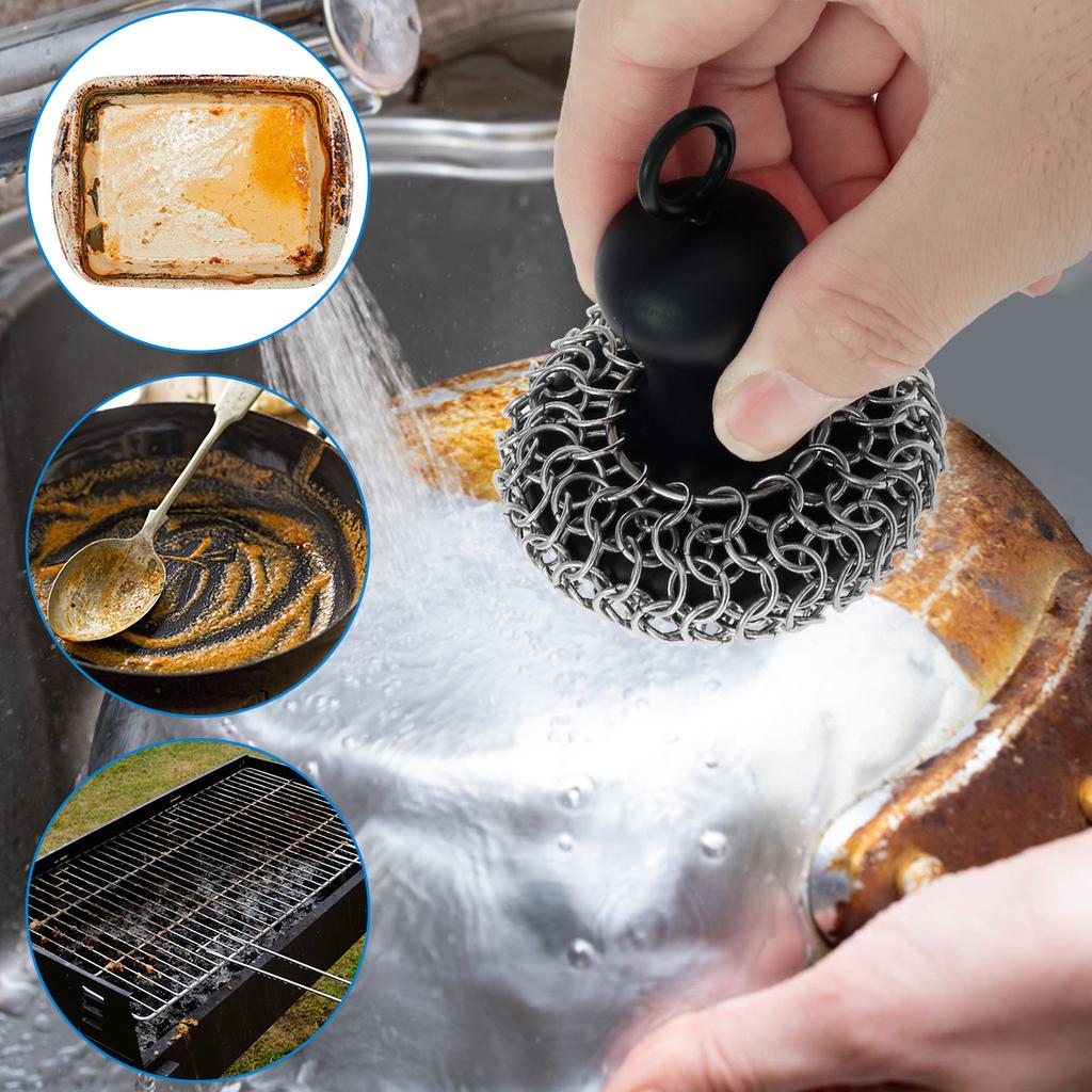 20Pcs Cast Iron Scrubber Food Grade Stainless Steel Chainmail Scrubber with Heat Resistant Pan Scraper Anti-Rust Brush