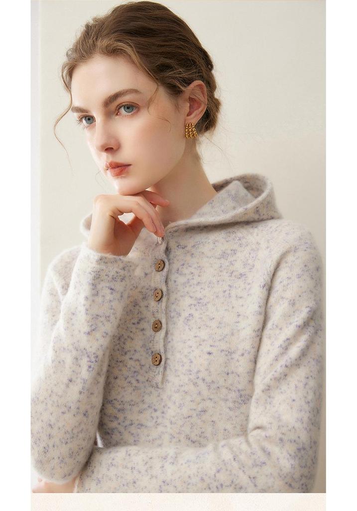 Lekasha 100% Pure Cashmere Hooded Button-Up Knitted Sweatshirt
