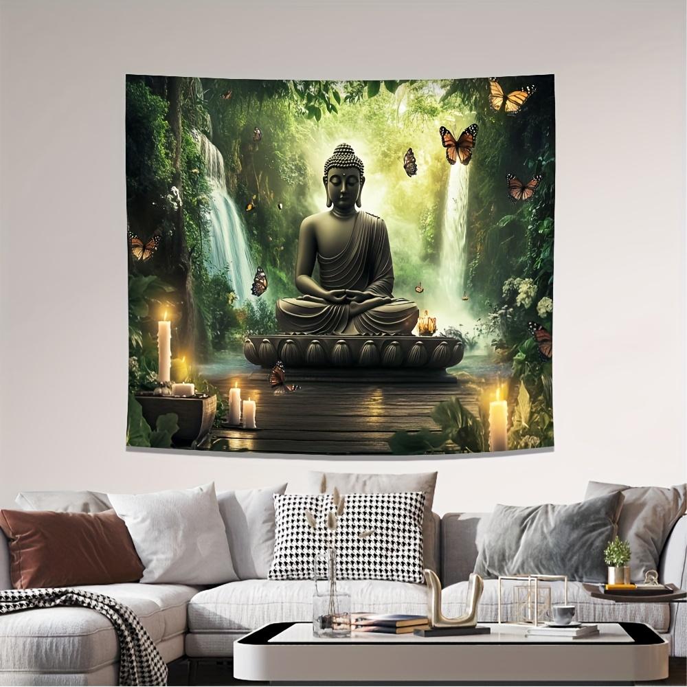 Buddha Statue Waterfall Forest Tapestry Zen Meditation Art Butterfly Decor Peaceful Nature Wall Hanging Living Room Print