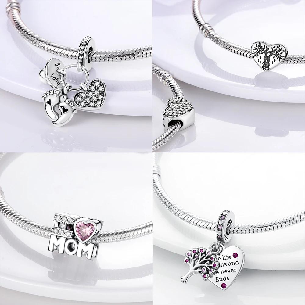 Pink Family Love Heart Charm Original Copper Beads Fit Pan Bracelet Diy Sister Mother Friendship Pendant Fine Gift Jewelry