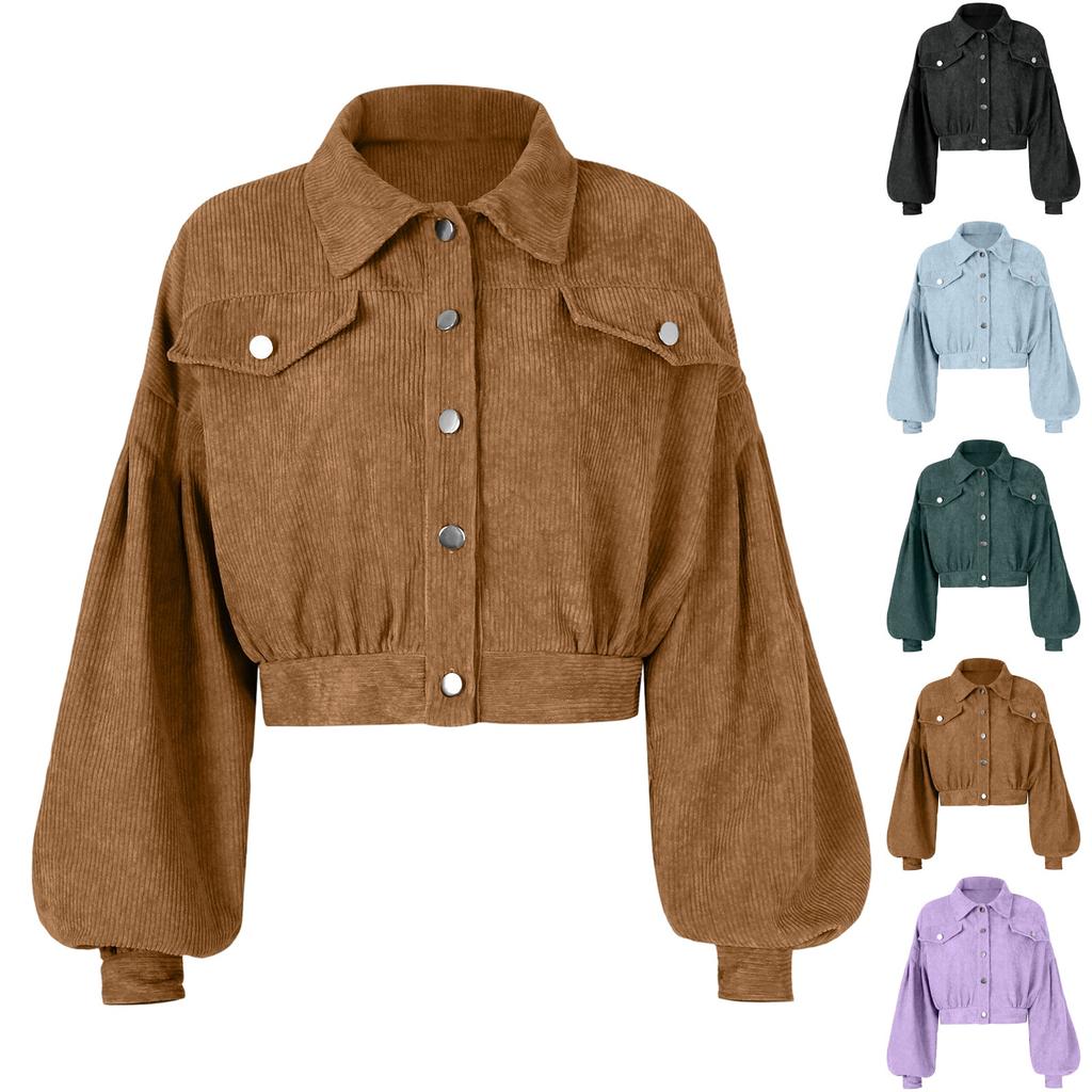 Women's Casual Lapel Corduroy Jacket Single Breasted Short Coat