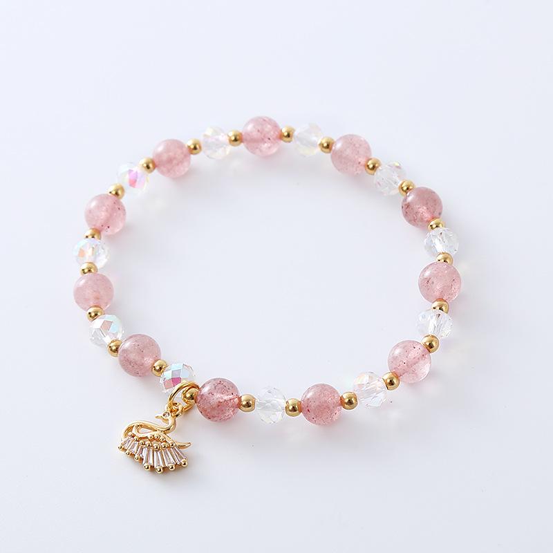 

Natural strawberry crystal bracelet cute swan pink jewelry Bangles Women Fashion Jewelry accessories Gift