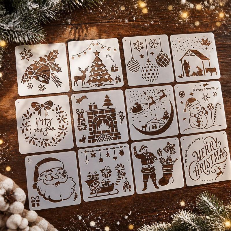 12/16Pcs Christmas Series Painting Stencils Reusable Washable For Watercolor Stone Graffiti And More