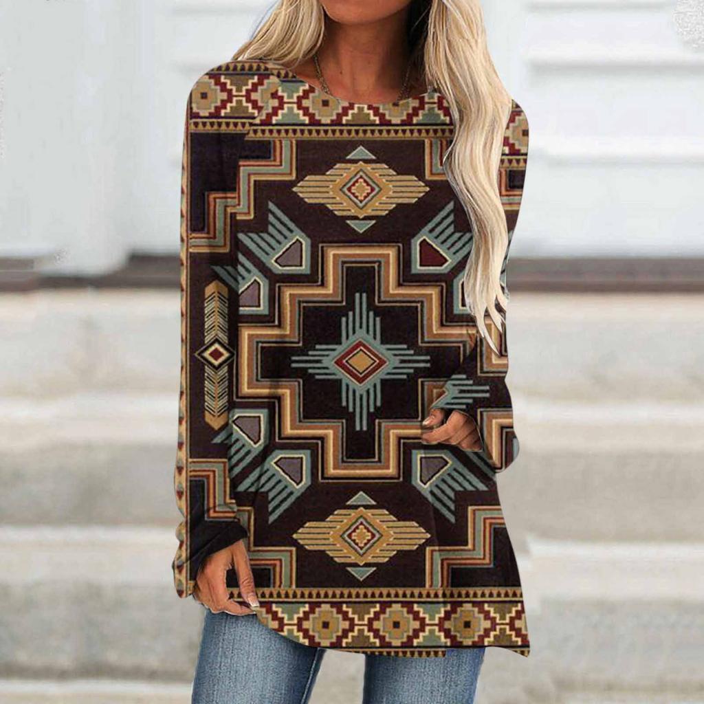 Ethnic tribe geometric print autumn casual comfortable women's long sleeve T-shirt Urban street trend fashion women long sleeve