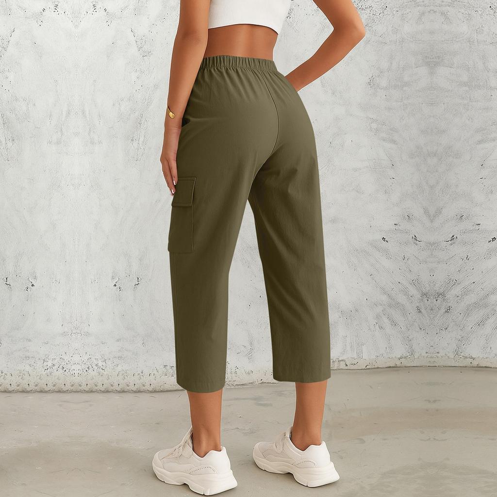 Women's Fashionable Drawstring With Flip Pocket Solid Color Captcha Pants Work Pants
