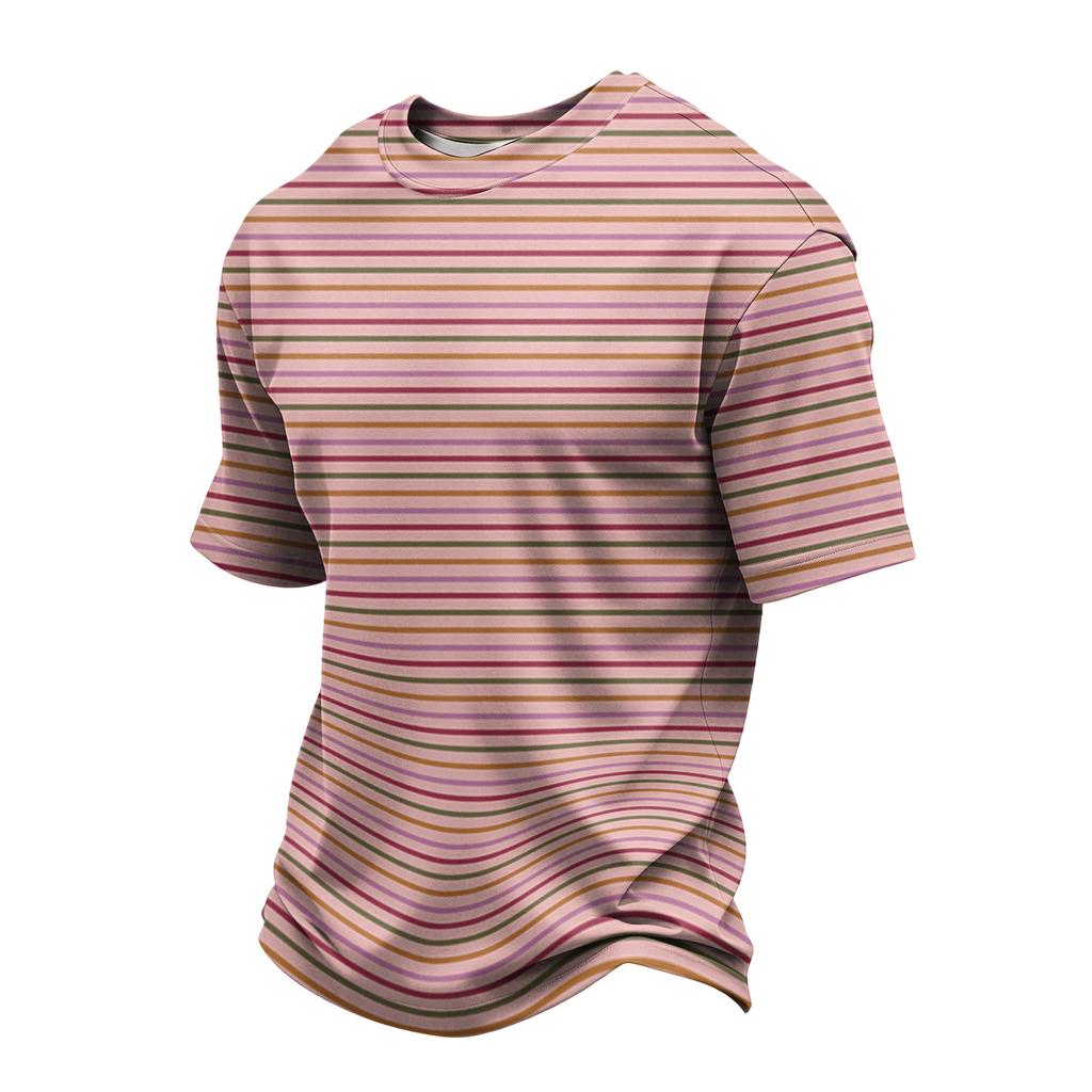 Men's Casual Quick-Dry Short Sleeve Shirt with Round Neck Lightweight Mesh and Striped Design