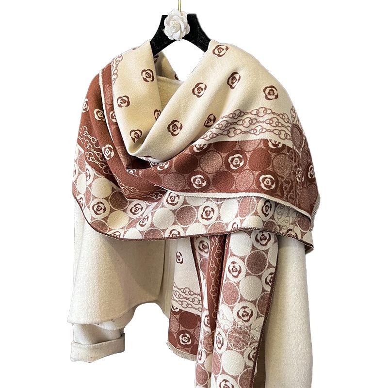 Imitation cashmere scarf girl style simple camellia printing double-sided soft breathable advanced sense