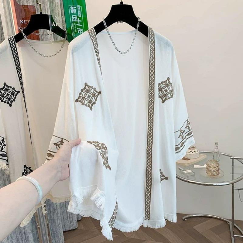 Ethnic Style Embroidered Thin Sun Protection Loose Medium Length Tassel 7-quarter Sleeve Cardigan Jacket for Women