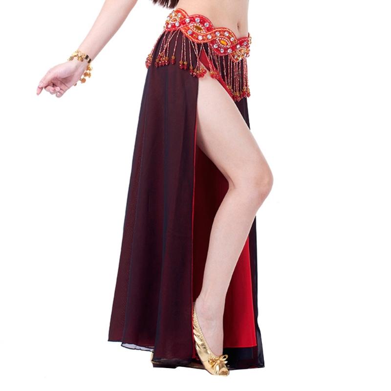 Belly Dance Skirt Double Slits Dance Training Dress Chiffon Long Skirt for Professional and Beginner