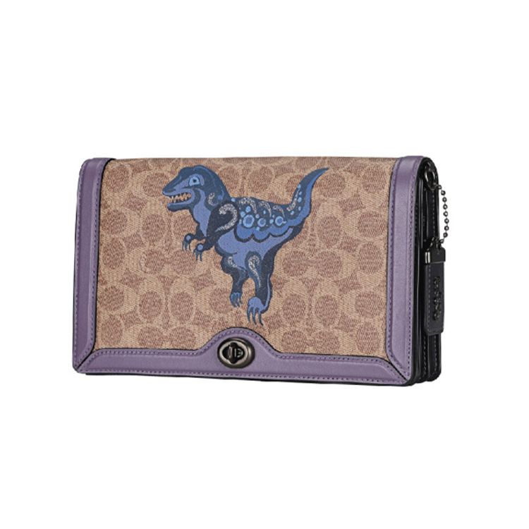 Coach  Disney Rex Signature Canvas Crossbody Bag Beige Purple Dinosaur Print Daily Party 73942-V5OYE