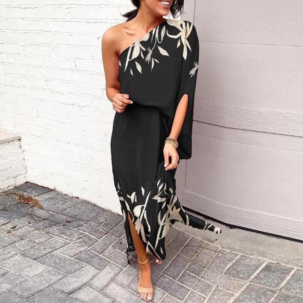 Women's Fashion Sexy One Shoulder Slit Hem Floral Short Sleeve Loose Casual Dress