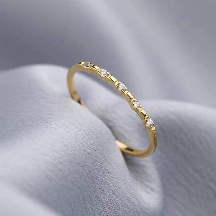 Anello Aperto in Argento Sterling S925 Placcato Oro 14K con Diamante per Donna - Elegante Anello alla Moda in Stile Coreano