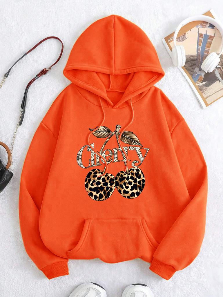 Leopard Cherry Creative Printing Hoodies Women Fleece All-Match Streetwear Y2K Pocket Hoody Autumn Casual Woman Clothing