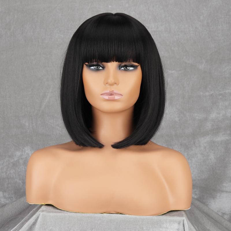 

MISSQUEEN женский косплей натуральный черный короткий прямой парик боб с челкой синтетическое волокно длиной до плеч повседневная одежда парик боб