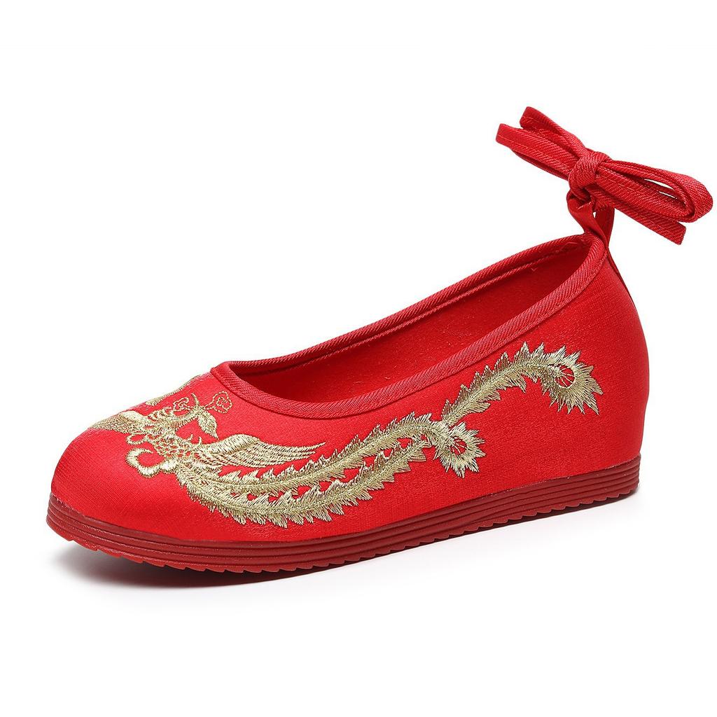 Bridal Shoes, Hanfu Shoes, Round Head, Red Sole Gold Silk Embroidered Xiuhe Wedding Dress Cloth Shoes Single Shoes Embroidered Cloth Shoes Women's Sh