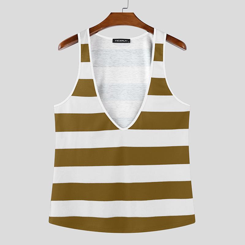 INCERUN Men Low-cut Sleeveless Striped Print Casual Loose Tank Tops