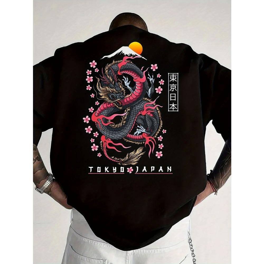 Fashionable Men Pure Cotton Summer New Dragon Print Flower Comfortable Breathable Round Neck T-shirt Outdoor