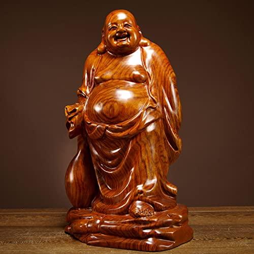 Wooden Buddhist Statue, Hotei, One of the Seven Lucky Gods, Carved from Yellow Quince Wood, High-Quality Natural Quince Wood, Good Fortune Amulet (Siz
