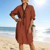 Women Summer Boho Cotton Linen Dress Casual Beach Vacation Sundress Long Sleeve V Neck Loose Dress