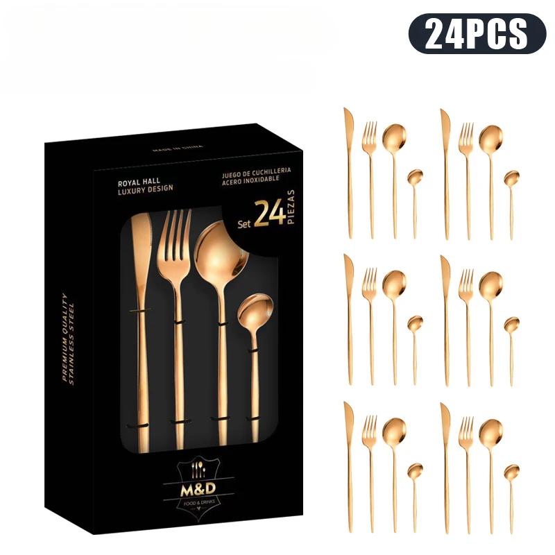 

Набор столовой посуды из нержавеющей стали в европейском стиле, 24 предмета, с утолщенными ножом, вилкой, ложкой, черно-золотой западный серебряный столовый прибор розового золота