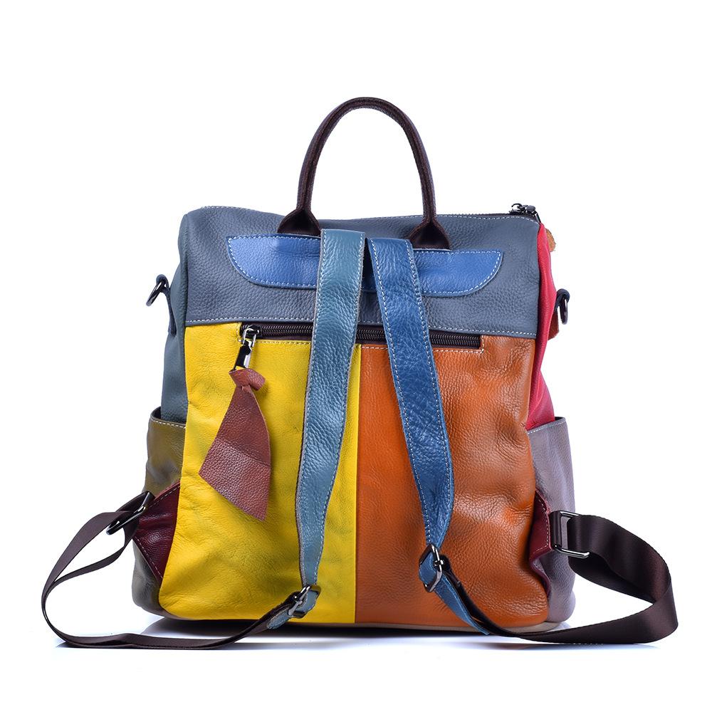 Echte Ledertasche für doppelten Schultergurt im bunten Kontrastdesign, Echter Lederrucksack für den Freizeitgebrauch