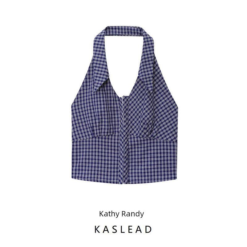 Kaslead New Women Clothes Western Style Fashion Gyaru Hanging Neck Lapel Plaid Short Top