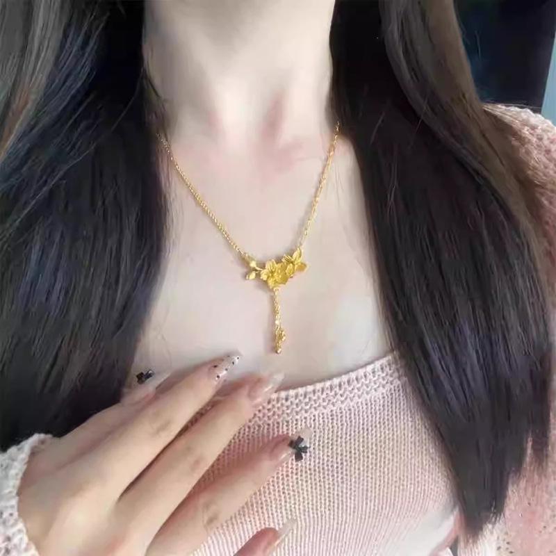 Gold Tassel Double Flower Pendant Layering Necklace for Women Fashion Delicate Casual Daily Elegant