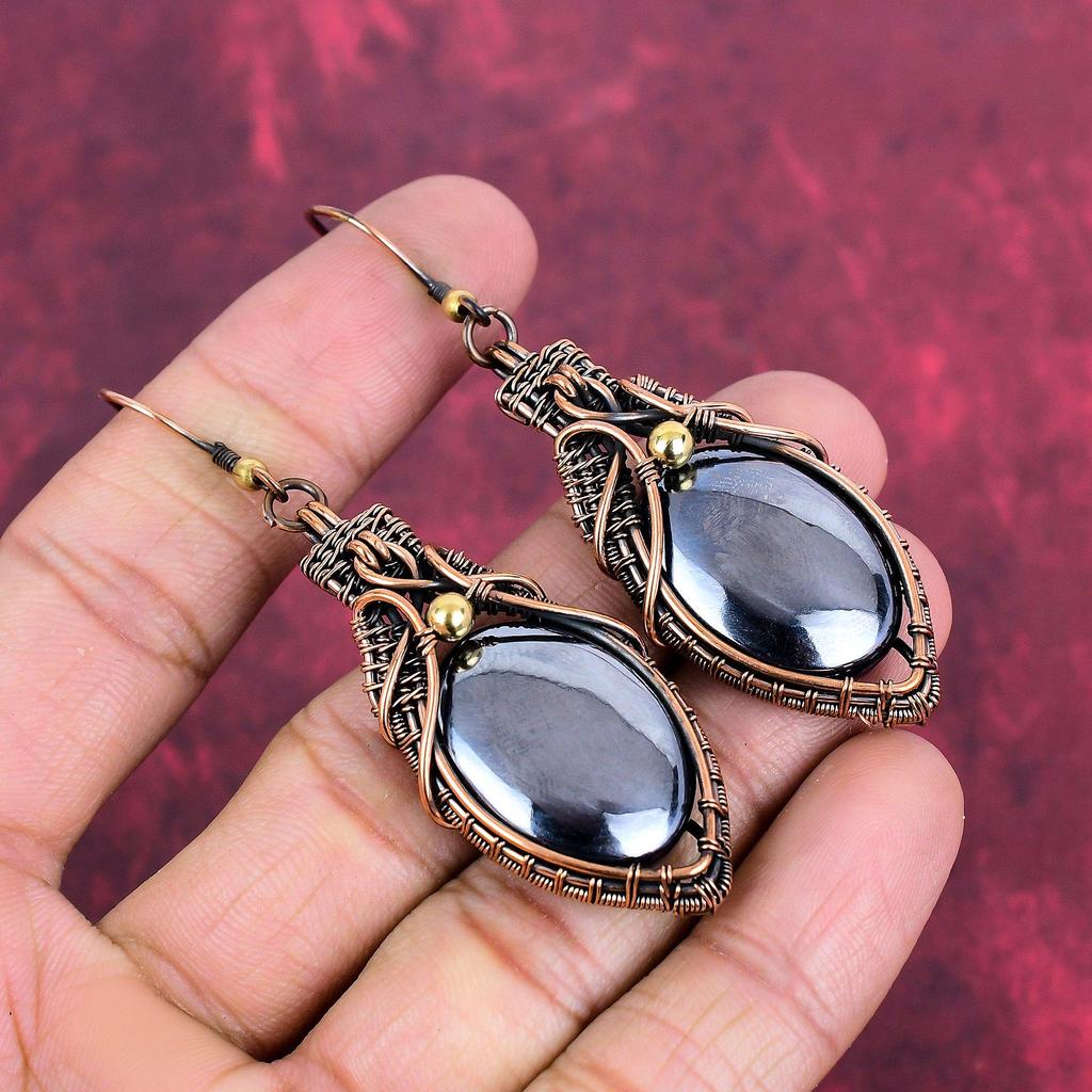 Shungite Earring Copper Wire Wrapped Earring Original Gemstone Earring Handmade Earrings Wire Wrapped Jewelry Gifts For Wife Dangle Earrings